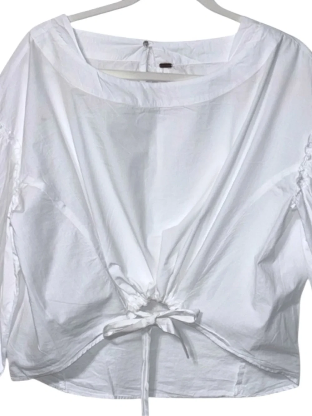 Free People 100% Cotton White Tie Front Balloon Sleeve Cropped Blouse Top